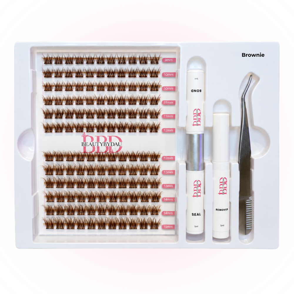 BeautyByDau Cluster Lash Kit Brownie med brune cluster lashes og tilbehør