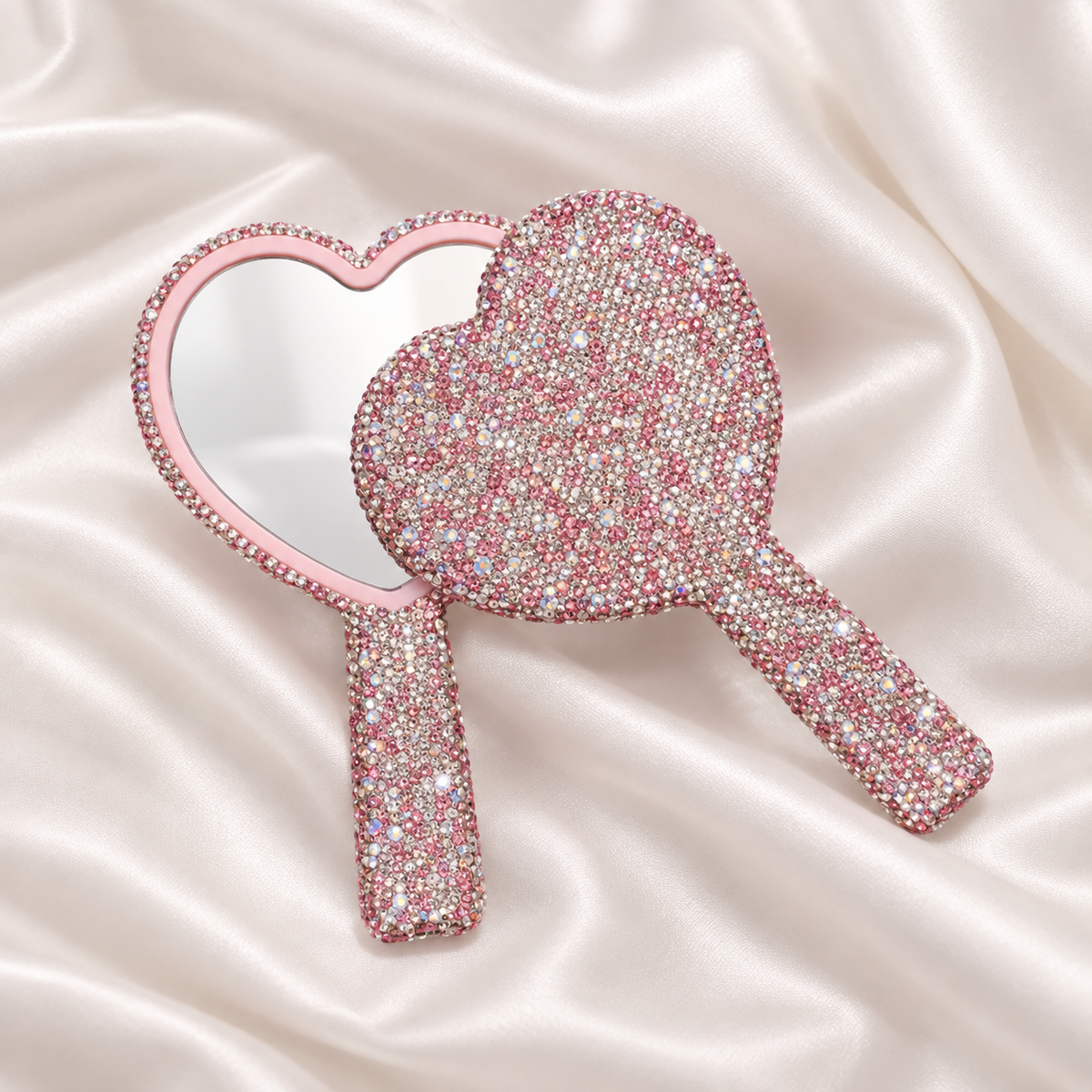 Hjerteformet håndspejl med glitter – Pink