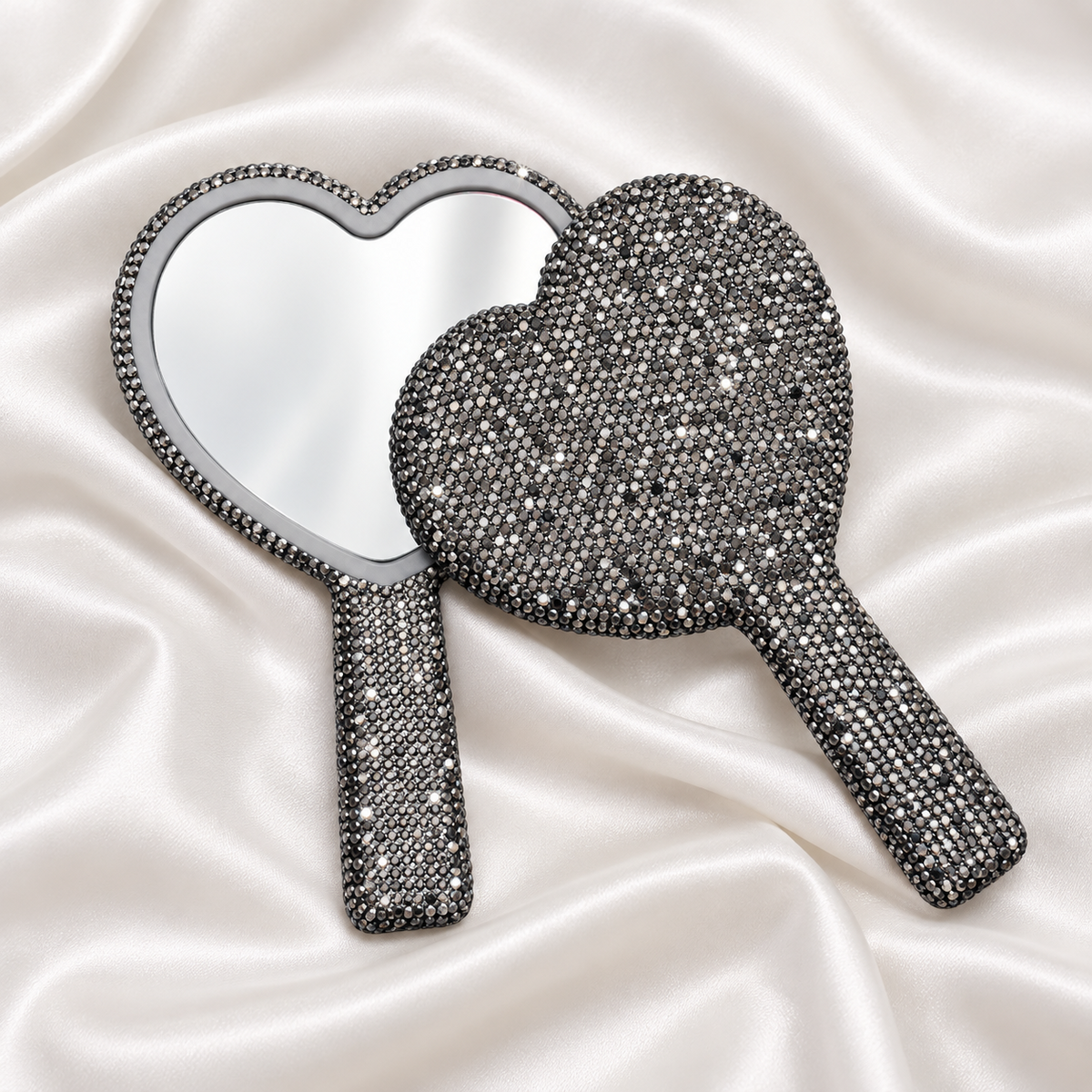 Hjerteformet håndspejl med glitter – Sort