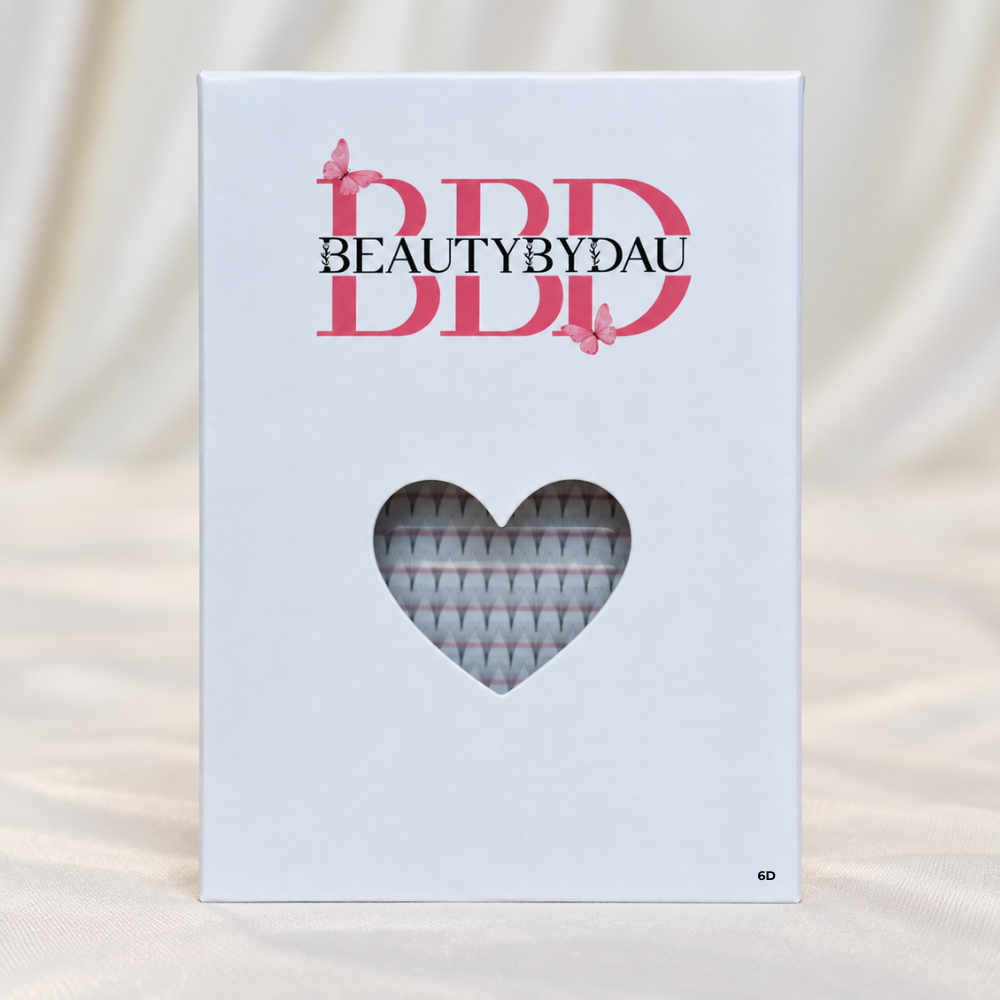 BeautyByDau Premade Volume Fans 6D emballage i produktmiljø